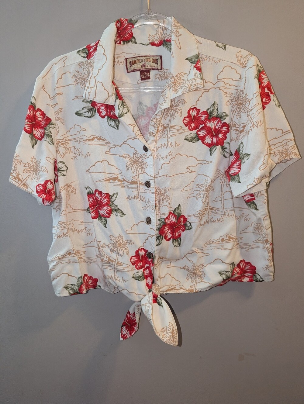 🌺 Caribbean Joe Cream Button-Front Tie Hem Shirt Red Tropical Floral Women's 1X